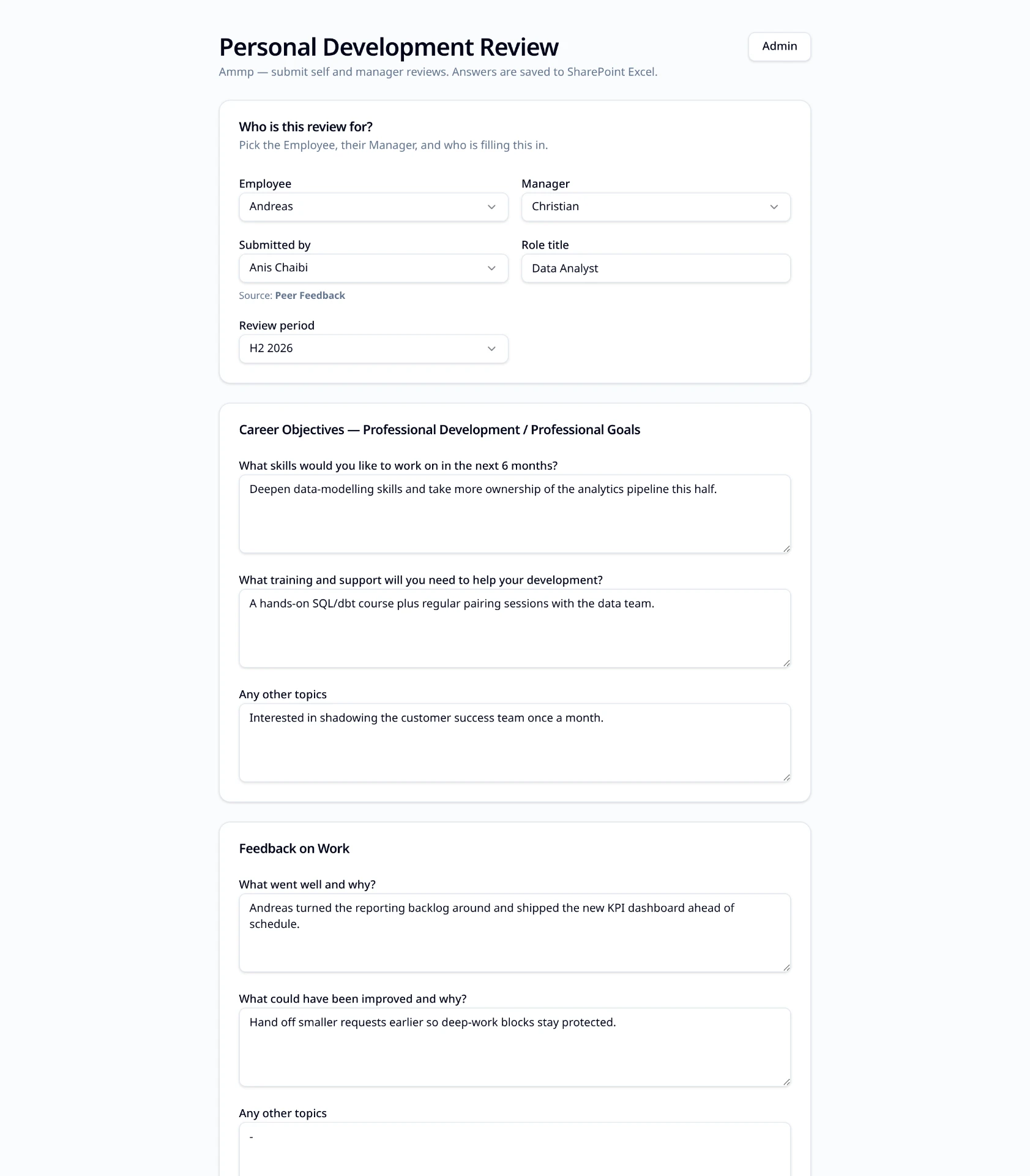 Personal Development Review form filled with a peer feedback example