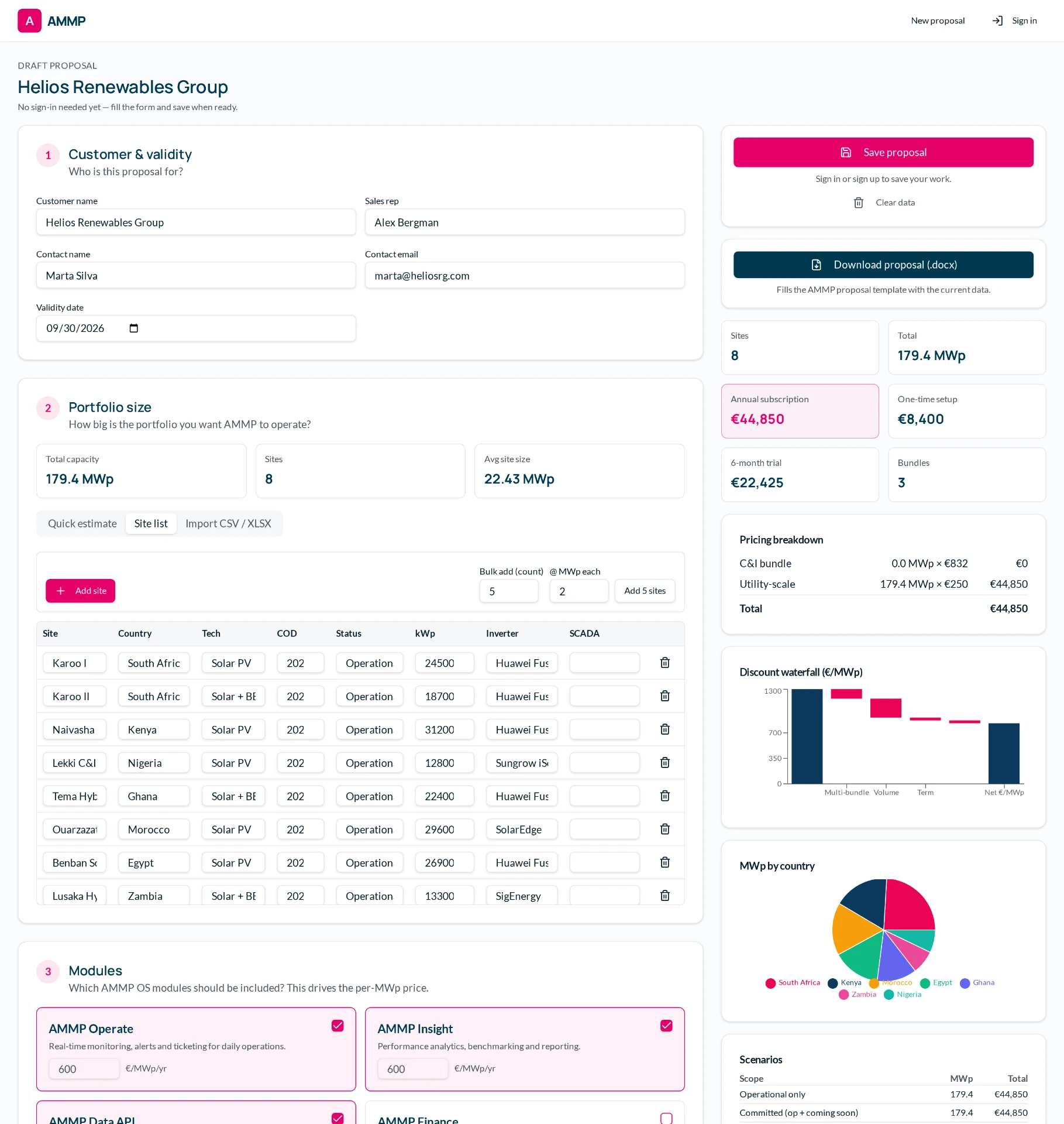 AMMP Proposal Studio with a filled-in customer proposal and pricing breakdown